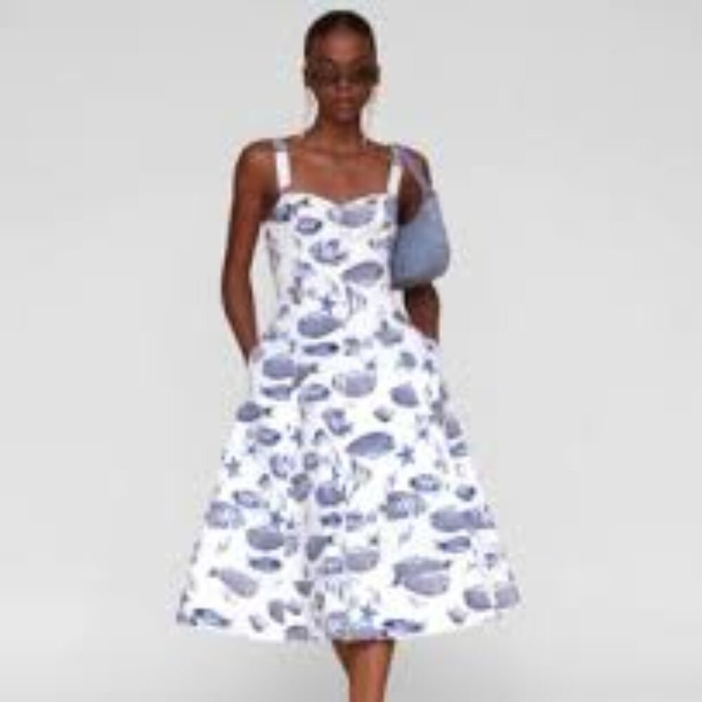 Avec Les Filles sea stars fish a line cotton blend white blue midi dress size 8